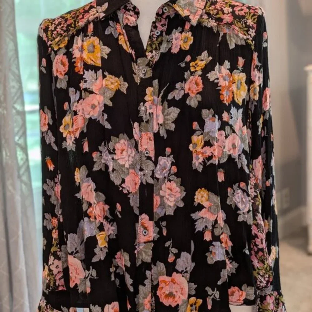 Free People Black Floral Mixed Media Button‎ Down Blouse Top